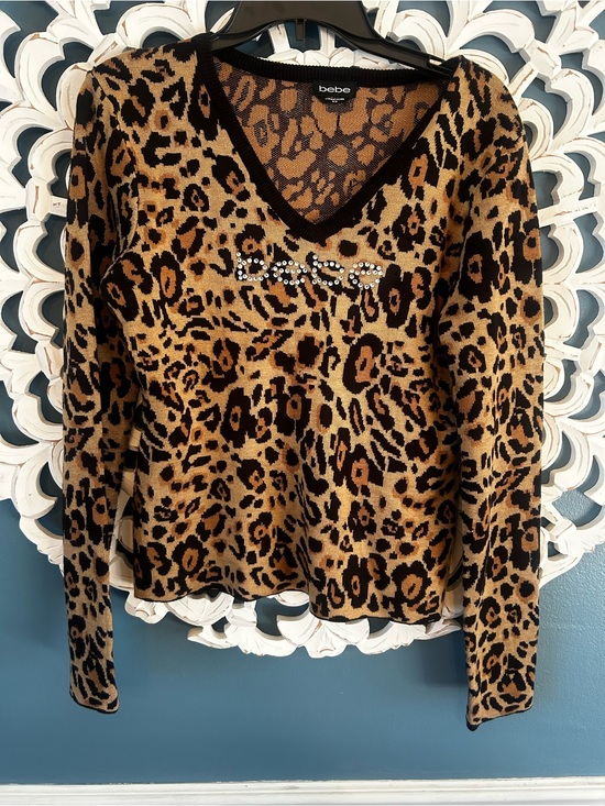 bebe Sweaters - bebe Tan and Black Leopard Print Knit Top with Rhinestone Logo